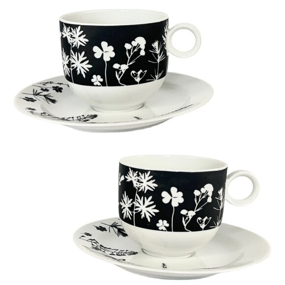 Franconia-Krautheim Candlelight 4 Pce Flat Porcelain Cup Saucer Set B/W Floral - Picture 1 of 13
